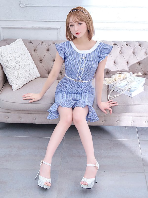 画像15: ツイードマーメイドミニドレス/フリル袖/ベルト/谷間隠し/背中隠し/ミニドレス/キャバドレス 【S-Lサイズ/2カラー】[HC02-X] 【SB】dzw