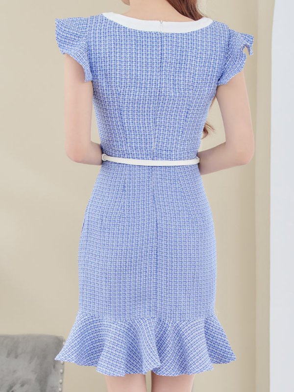 画像8: ツイードマーメイドミニドレス/フリル袖/ベルト/谷間隠し/背中隠し/ミニドレス/キャバドレス 【S-Lサイズ/2カラー】[HC02-X] 【SB】dzw