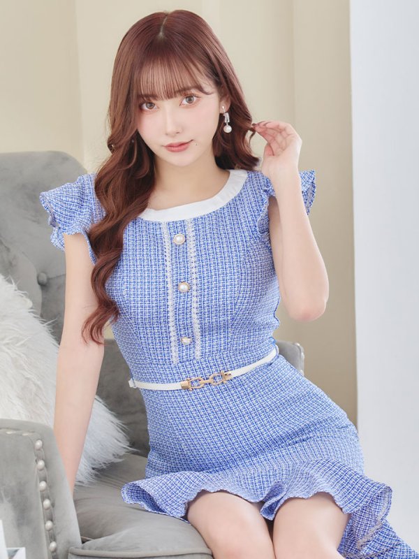 画像9: ツイードマーメイドミニドレス/フリル袖/ベルト/谷間隠し/背中隠し/ミニドレス/キャバドレス 【S-Lサイズ/2カラー】[HC02-X] 【SB】dzw