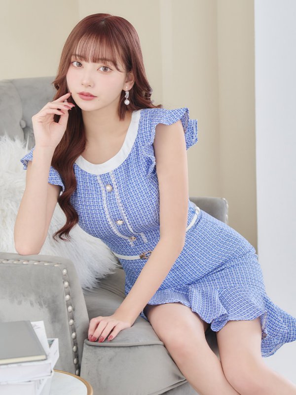 画像12: ツイードマーメイドミニドレス/フリル袖/ベルト/谷間隠し/背中隠し/ミニドレス/キャバドレス 【S-Lサイズ/2カラー】[HC02-X] 【SB】dzw