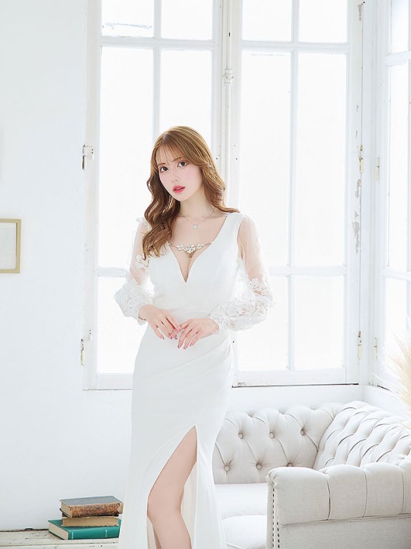 画像20: SALE!ビジュー/レース刺繍/ロングスリーブ/谷間見せ/背中見せ/ロングドレス/キャバドレス 【S-Lサイズ/2カラー】[OF01-X] 【SB】dzw