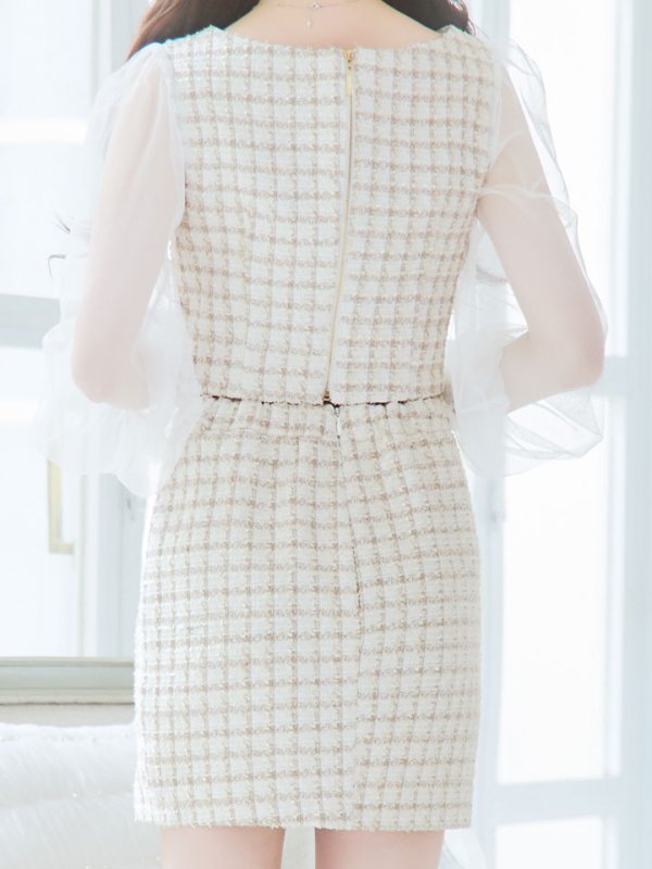 画像6: 【即日発送】セットアップツイードドレス/2ピース/チェック/ジップ/チュールスリーブ/ミニドレス/キャバドレス【XS-Mサイズ/1カラー】[HC02]【SB】