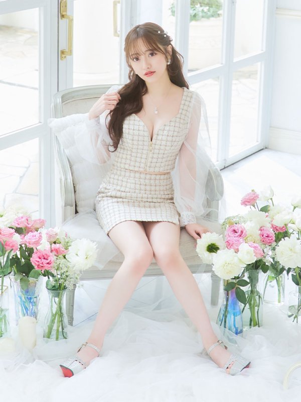 画像7: 【即日発送】セットアップツイードドレス/2ピース/チェック/ジップ/チュールスリーブ/ミニドレス/キャバドレス【XS-Mサイズ/1カラー】[HC02]【SB】