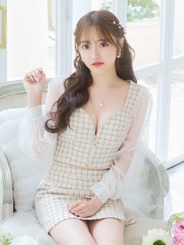 画像8: 【即日発送】セットアップツイードドレス/2ピース/チェック/ジップ/チュールスリーブ/ミニドレス/キャバドレス【XS-Mサイズ/1カラー】[HC02]【SB】