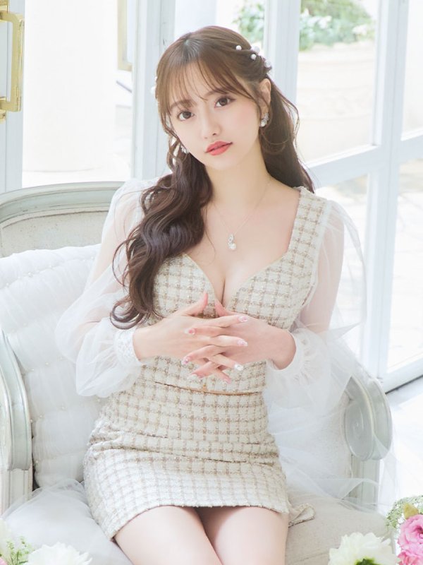 画像9: 【即日発送】セットアップツイードドレス/2ピース/チェック/ジップ/チュールスリーブ/ミニドレス/キャバドレス【XS-Mサイズ/1カラー】[HC02]【SB】