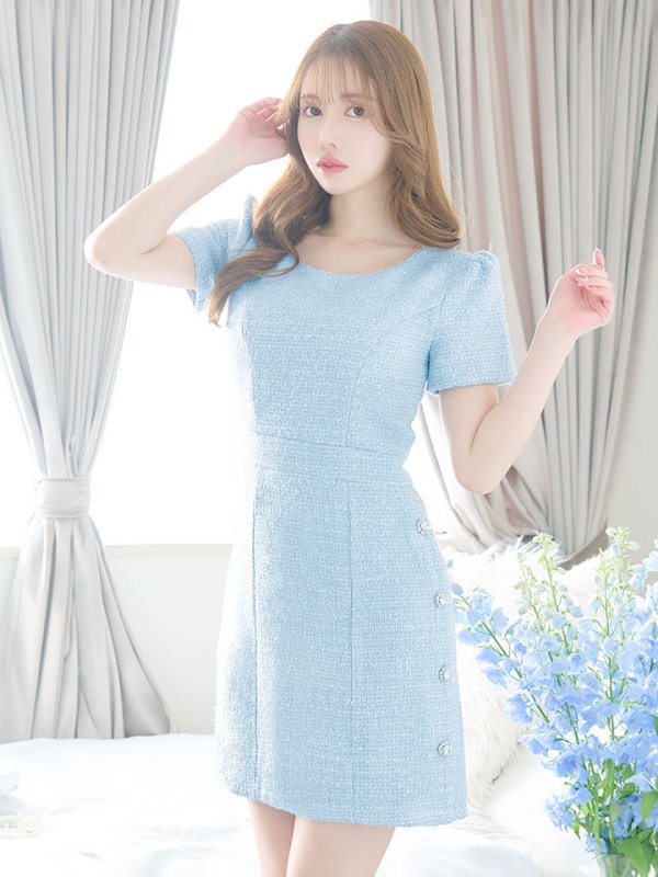 画像4: フレアツイードドレス/パールボタン/胸元隠し/背中隠し/ミニドレス/キャバドレス【S-Mサイズ/2カラー】[OF01] 【SB】dzj