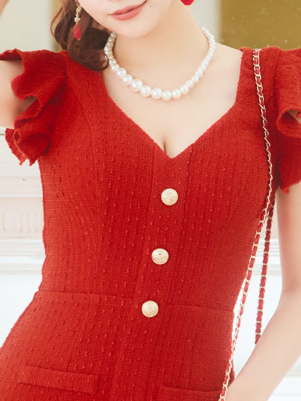 画像4: ワンカラーAラインミニドレス/ツイード/ゴールドボタン/谷間見せ/背中隠し/フリル袖/ミニドレス/キャバドレス 【XS-Lサイズ/1カラー】[HC02] 【SB】dzj