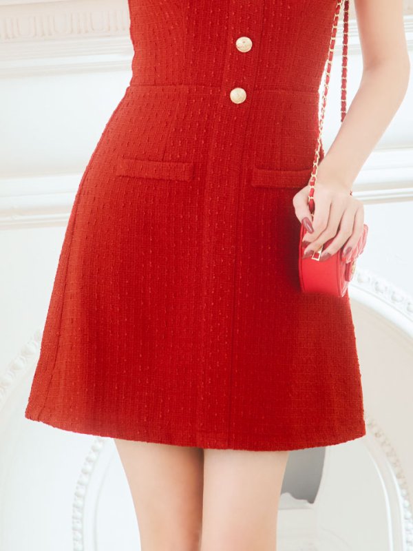 画像5: ワンカラーAラインミニドレス/ツイード/ゴールドボタン/谷間見せ/背中隠し/フリル袖/ミニドレス/キャバドレス 【XS-Lサイズ/1カラー】[HC02] 【SB】dzj