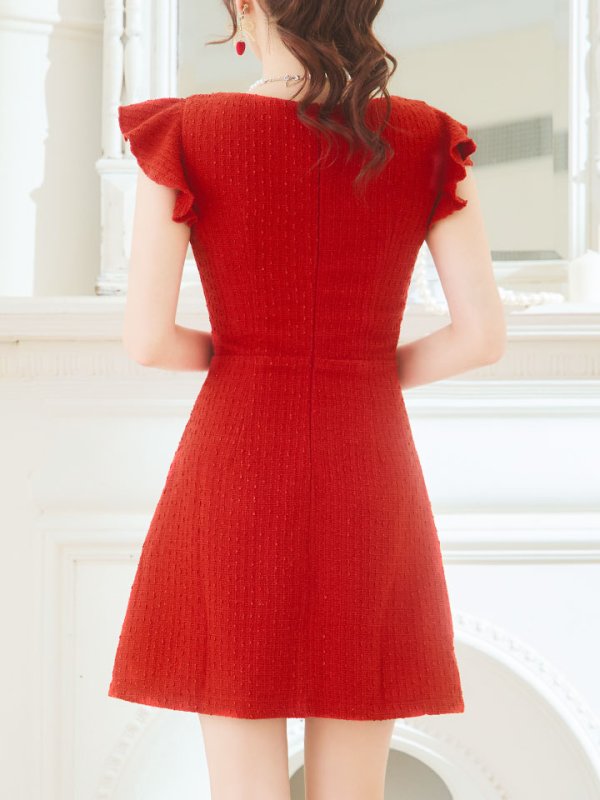 画像6: ワンカラーAラインミニドレス/ツイード/ゴールドボタン/谷間見せ/背中隠し/フリル袖/ミニドレス/キャバドレス 【XS-Lサイズ/1カラー】[HC02] 【SB】dzj