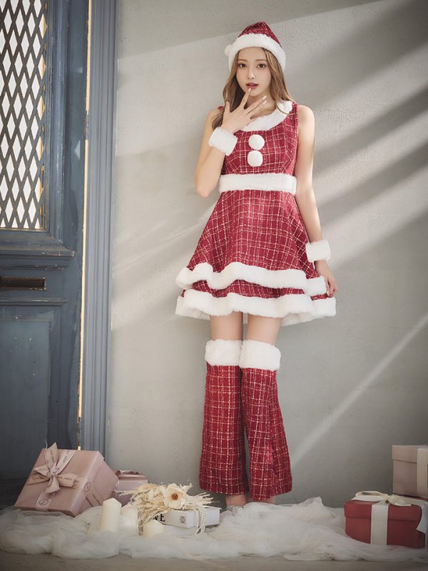 画像10: 即日発送!【サンタコス 5点セット】【S-Lサイズ/3カラー】ツイードチェック2段フレアスカートサンタコスプレ[OF01]