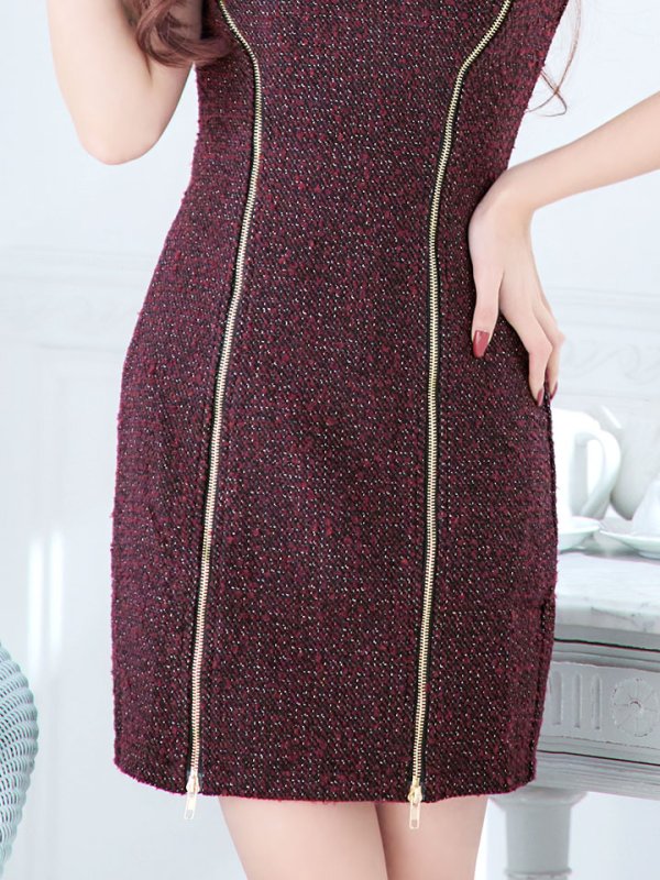 画像6: ジッパー付きツイードワンピースドレス/ツイード/胸元隠し/背中隠し/タイト/キャバドレス/ミニドレス【S-Lサイズ/1カラー】[OF01] 【SB】dzw