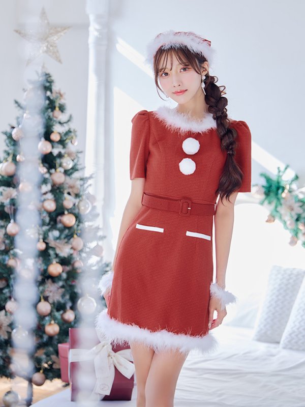 画像15: 【即日発送！】【サンタコス5点セット】【S-Mサイズ/2カラー】ツイードベルトワンピースサンタコスプレ[YMT]