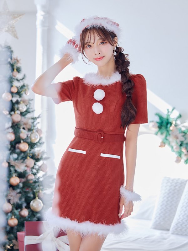 画像16: 【即日発送！】【サンタコス5点セット】【S-Mサイズ/2カラー】ツイードベルトワンピースサンタコスプレ[YMT]