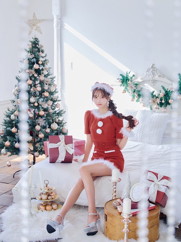 画像17: 【即日発送！】【サンタコス5点セット】【S-Mサイズ/2カラー】ツイードベルトワンピースサンタコスプレ[YMT]