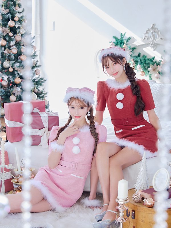 画像3: 【即日発送！】【サンタコス5点セット】【S-Mサイズ/2カラー】ツイードベルトワンピースサンタコスプレ[YMT]