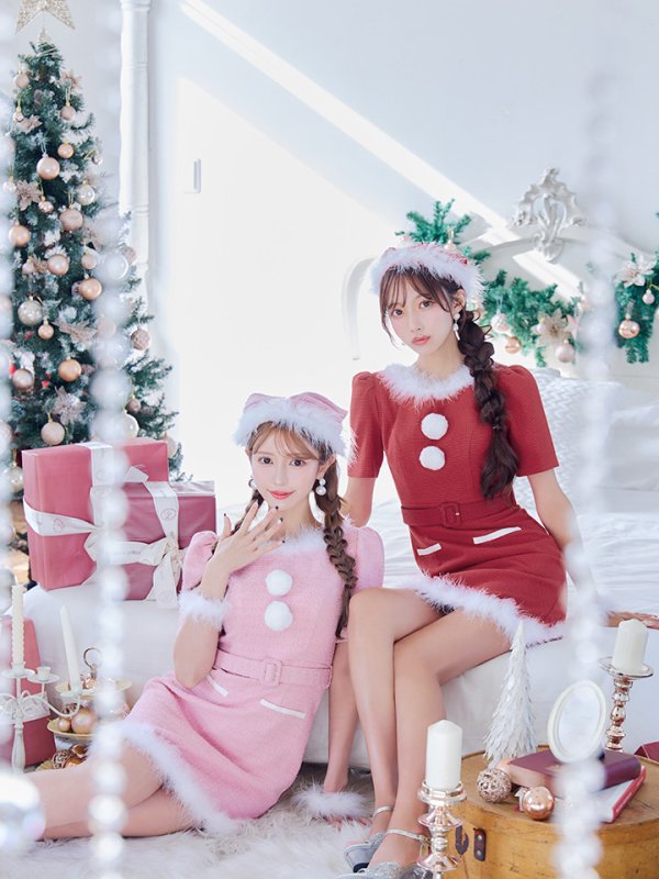 画像4: 【即日発送！】【サンタコス5点セット】【S-Mサイズ/2カラー】ツイードベルトワンピースサンタコスプレ[YMT]