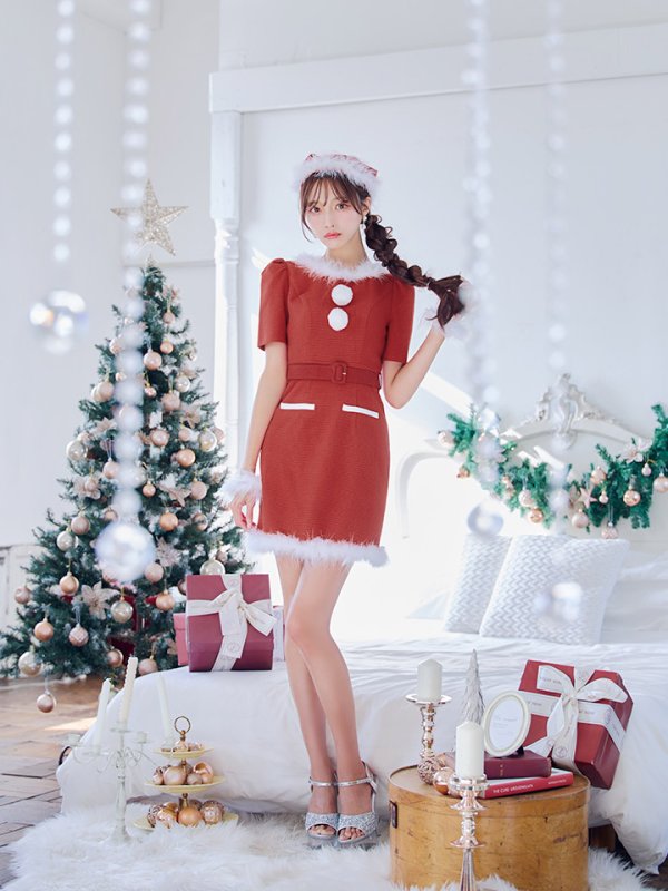 画像13: 【即日発送！】【サンタコス5点セット】【S-Mサイズ/2カラー】ツイードベルトワンピースサンタコスプレ[YMT]