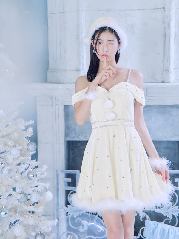 画像37: 【ノベルティ対象】【即日発送！】【サンタコス 5点セット】【XS-XLサイズ/3カラー】オフショルビジューリボンフレアサンタ[OF04]