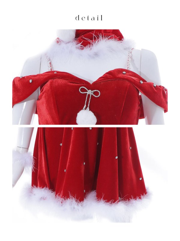 画像48: 【ノベルティ対象】【即日発送！】【サンタコス 5点セット】【XS-XLサイズ/3カラー】オフショルビジューリボンフレアサンタ[YMT]