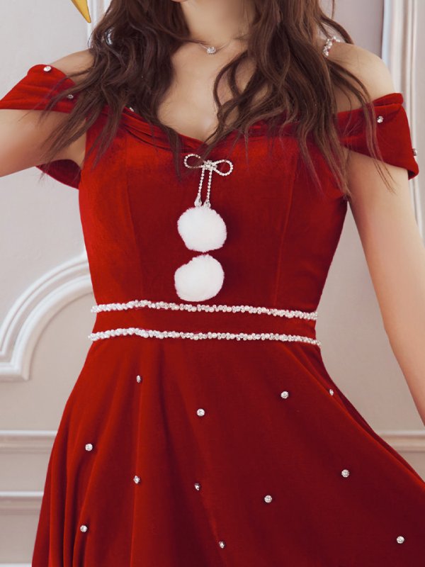 画像25: 【ノベルティ対象】【即日発送！】【サンタコス 5点セット】【XS-XLサイズ/3カラー】オフショルビジューリボンフレアサンタ[YMT]