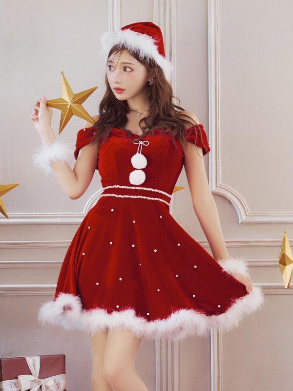 画像22: 【ノベルティ対象】【即日発送！】【サンタコス 5点セット】【XS-XLサイズ/3カラー】オフショルビジューリボンフレアサンタ[YMT]