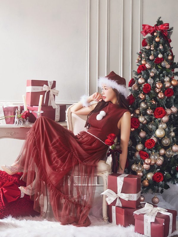 画像10: 【サンタセール！】【サンタコス 4点セット】【S-Lサイズ/2カラー】リボン付きチュールロングスカートサンタコスプレ[YMT]