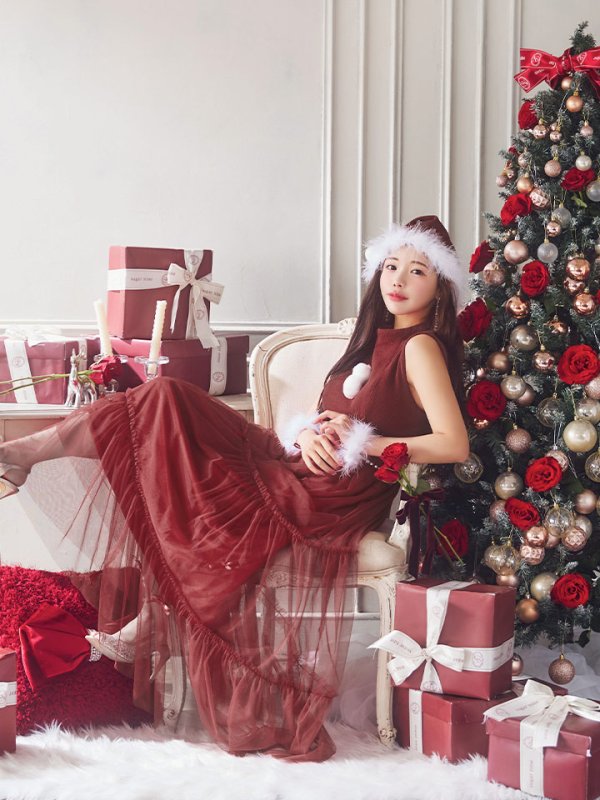 画像12: 【サンタセール！】【サンタコス 4点セット】【S-Lサイズ/2カラー】リボン付きチュールロングスカートサンタコスプレ[YMT]