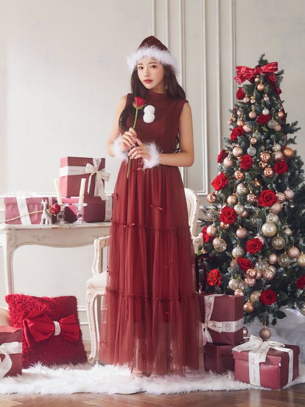 画像14: 【サンタセール！】【サンタコス 4点セット】【S-Lサイズ/2カラー】リボン付きチュールロングスカートサンタコスプレ[YMT]