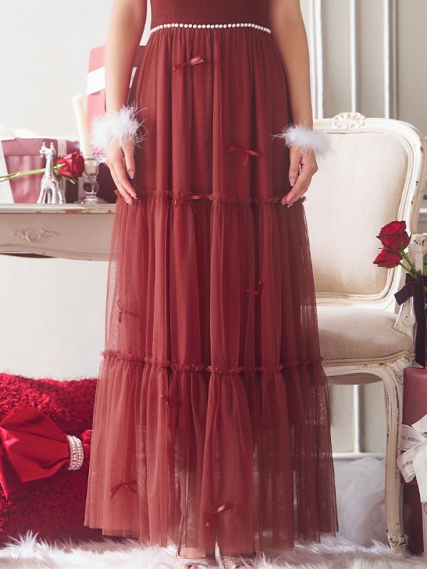 画像21: 【サンタセール！】【サンタコス 4点セット】【S-Lサイズ/2カラー】リボン付きチュールロングスカートサンタコスプレ[YMT]