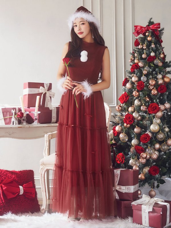 画像4: 【サンタセール！】【サンタコス 4点セット】【S-Lサイズ/2カラー】リボン付きチュールロングスカートサンタコスプレ[YMT]