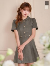 送料無料！襟付き/胸閉じ/ボタン/半袖/プリーツスカート/ミニドレス/キャバドレス【XS-Lサイズ/2カラー】[OF01]【SB】IA