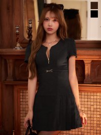 送料無料！フロントジップ/スーツ生地/プリーツ/パフスリーブ/ツイード/ベルト/ワンピース/ミニドレス/キャバドレス【XS-Mサイズ/2カラー】[OF01] るりぴ着用【SB】dzwbIA