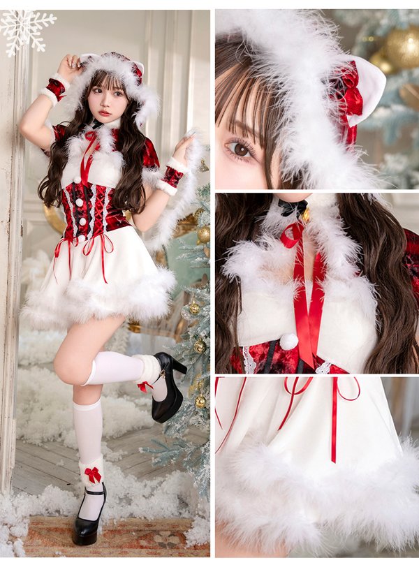 画像8: 【即日発送】【クリスマスコスプレ7点セット】【Malymoon/マリームーン】レースアップ猫耳チェックサンタ【フリーサイズ/1カラー】[OF03]