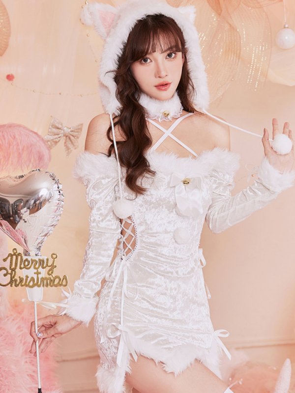 画像1: 【即日発送】【クリスマスコスプレ5点セット】【Malymoon/マリームーン】ホワイトキャットサンタ【フリーサイズ/1カラー】[OF03]