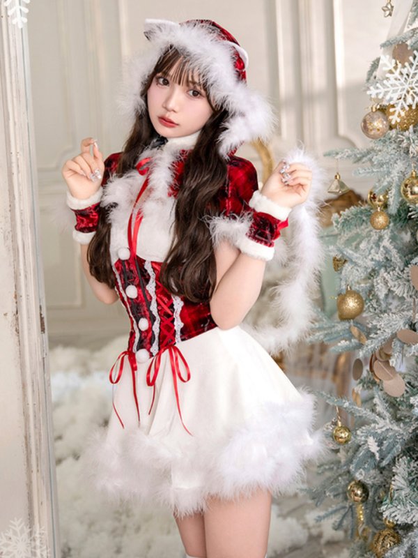 画像1: 【即日発送】【クリスマスコスプレ7点セット】【Malymoon/マリームーン】レースアップ猫耳チェックサンタ【フリーサイズ/1カラー】[OF03]