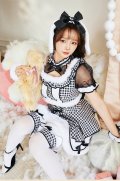 【ノベルティ対象】【即日発送】たれ耳ギンガムチェックドーリーメイド【マリームーン】【ハロウィンコスプレ7点セット】【フリーサイズ/2カラー】[YMT]