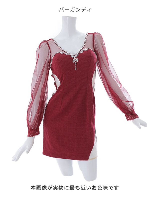 画像18: デコルテビジュードレス/チュール袖/サイド透け/シアースリット/谷間見せ/背中見せ/ミニドレス/キャバドレス【S-Lサイズ/1カラー】[HC02] 【SB】dzw