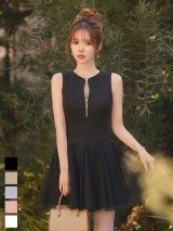 【即日発送】【送料無料】新色登場！フロントジップ/ノースリーブ/フレア/Aライン/ドッキング/チュール/ストレッチ/無地/ミニドレス/キャバドレス【XS-Lサイズ/5カラー】[OF03]【YN】dzquBF