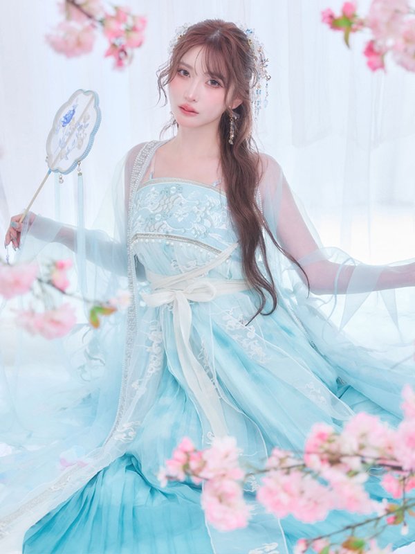 画像5: 【送料無料！】【ハロウィン】アイスブルー刺繍ロングシフォン漢服セット【コスプレ3点SET】【Fサイズ】【一部予約/8月下旬発送予定】[OF04]