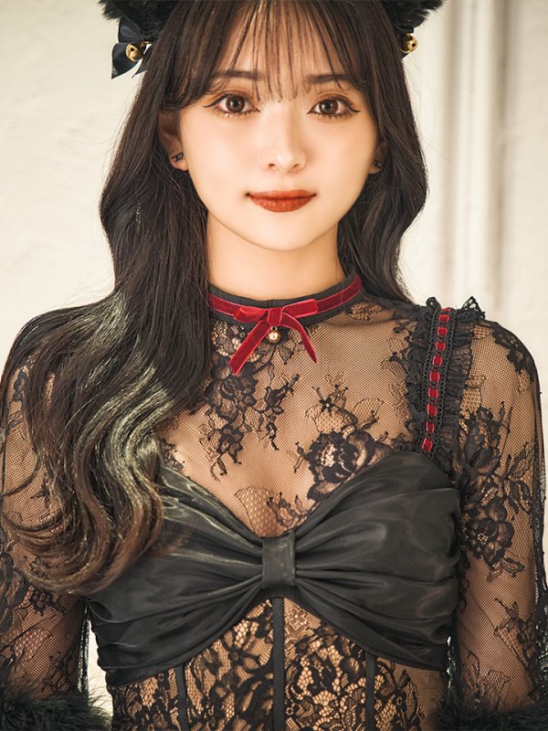 画像17: 【SALE!!】【即日発送！】【ハロウィン】 黒猫シアーレースワンピース 【コスプレ5点セット】 【S-XLサイズ/1カラー】[HC03]