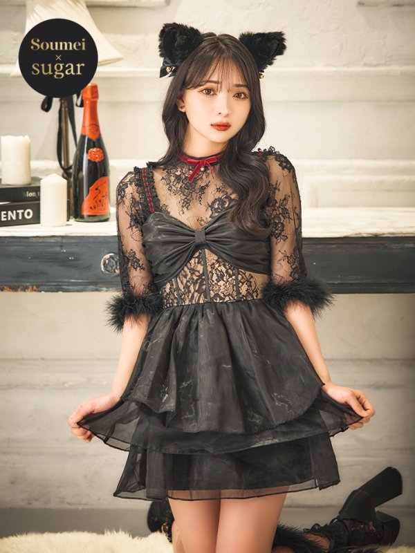 画像3: 【SALE!!】【即日発送！】【ハロウィン】 黒猫シアーレースワンピース 【コスプレ5点セット】 【S-XLサイズ/1カラー】[HC03]