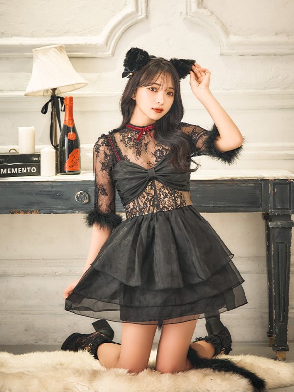 画像5: 【SALE!!】【即日発送！】【ハロウィン】 黒猫シアーレースワンピース 【コスプレ5点セット】 【S-XLサイズ/1カラー】[HC03]