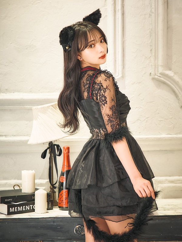 画像9: 【SALE!!】【即日発送！】【ハロウィン】 黒猫シアーレースワンピース 【コスプレ5点セット】 【S-XLサイズ/1カラー】[HC03]
