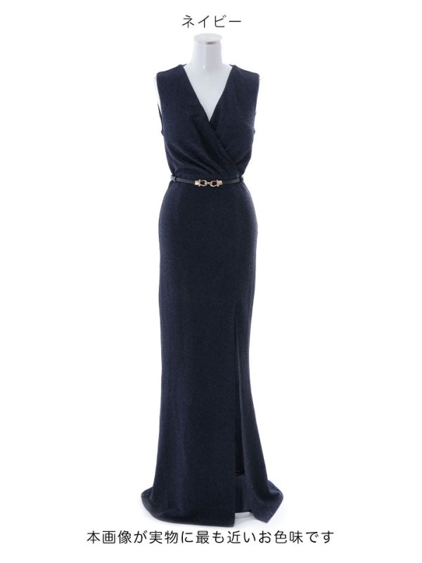 画像38: グリッターラメロングドレス/ワンカラー/カシュクール/ノースリーブ/ベルト/谷間見せ/背中隠し/キャバドレス 【S-Lサイズ/5カラー】[OF03B] 【IM】