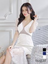 SALE!【高級ドレスセール】【Kylie/カイリー】シアー/ パール/ スパンコール/ パフスリーブ/ 半袖/ 袖あり/ 切替/ マーメイド/ 膝丈/ ミディアムドレス/ キャバドレス【HC03】