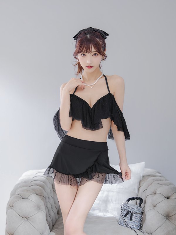 画像10: 【即日発送】【ビキニ】ドットシアーオフショルスカート付きビキニ 3点セット【水着】[YMT]