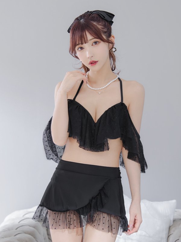 画像11: 【即日発送】【ビキニ】ドットシアーオフショルスカート付きビキニ 3点セット【水着】[YMT]