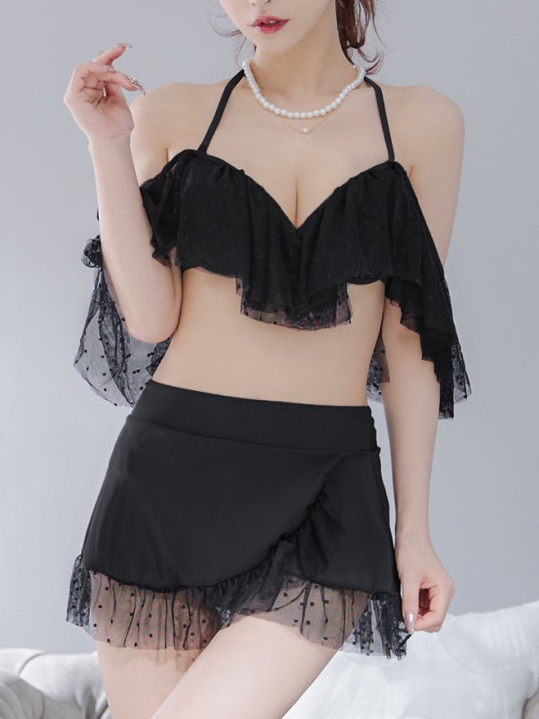 画像16: 【即日発送】【ビキニ】ドットシアーオフショルスカート付きビキニ 3点セット【水着】[YMT]