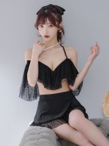【予約商品/7月上旬発送予定】【ビキニ】ドットシアーオフショルスカート付きビキニ 3点セット【水着】[YMT]
