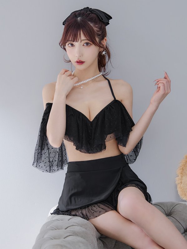 画像1: 【予約商品/7月上旬発送予定】【ビキニ】ドットシアーオフショルスカート付きビキニ 3点セット【水着】[YMT]
